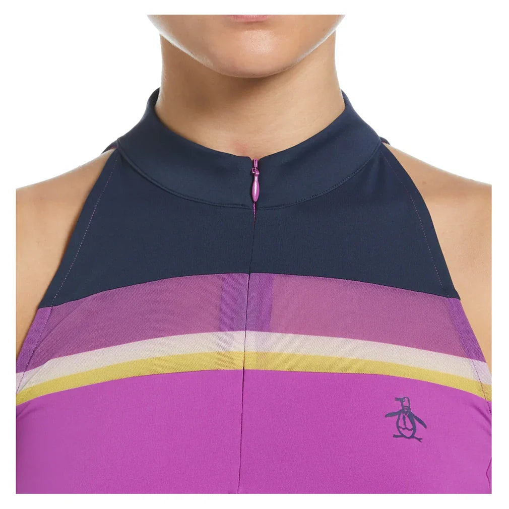 Womens Color Block Zip Halter Tennis Tank Purple Cactus Flower