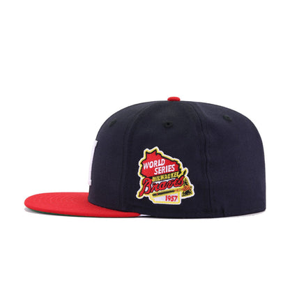 Milwaukee Braves Navy Scarlet 1957 World Series Cooperstown Green Bottom New Era 59Fifty Fitted
