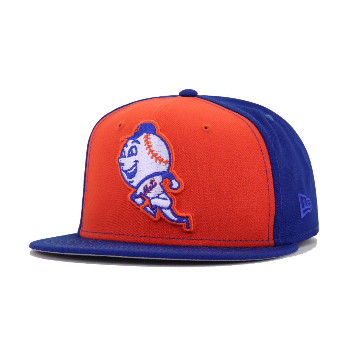 Orange and blue baseball cap with a logo on a white background