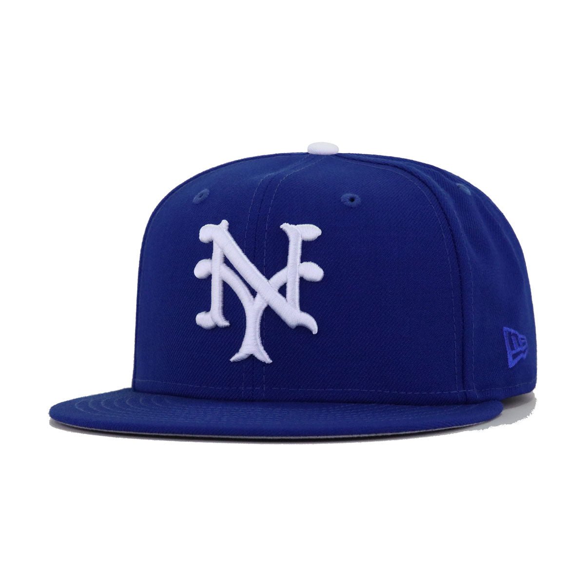 Blue baseball cap with white logo on a white background