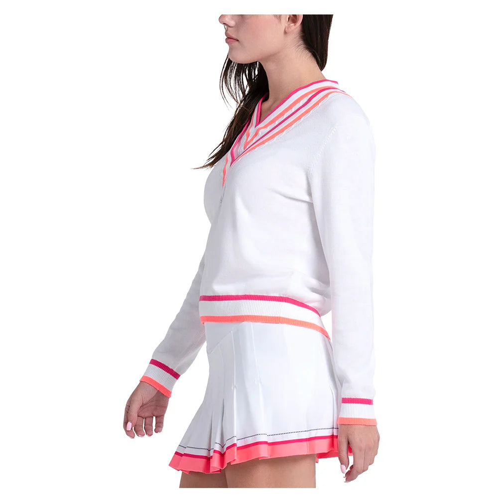 Women's Victory V-Neck Tennis Sweater White and Shocking Pink