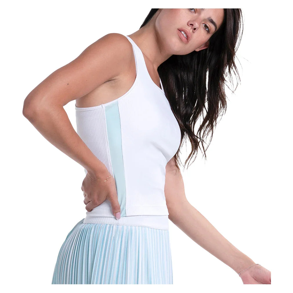 Women's Racer Rib Tennis Tank White and Wave Blue